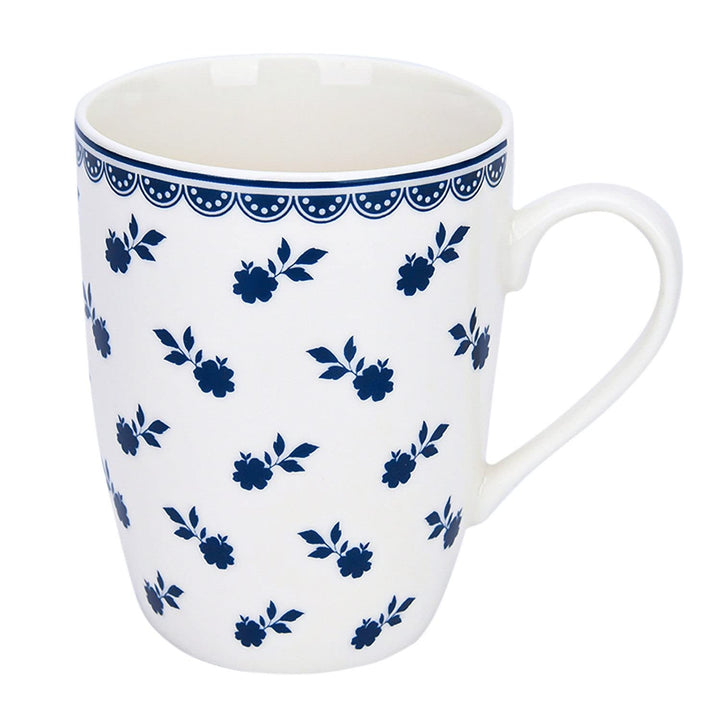 Vintage Blue Coffee Tea Bone China Mugs Set Of 4 Floral Country Round Piece - Diamond Home USA