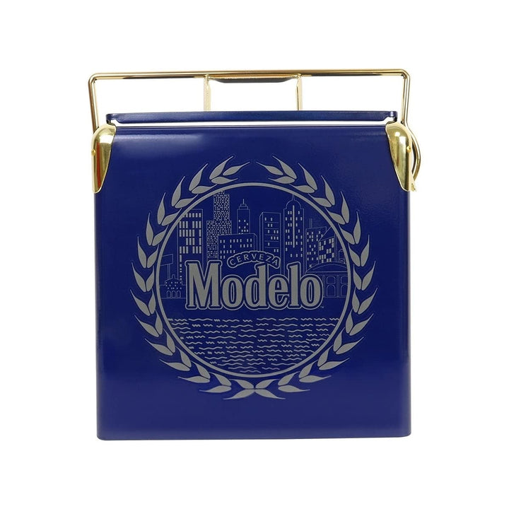 Retro Ice Chest Cooler with Bottle Opener 13l Blue Metal Table