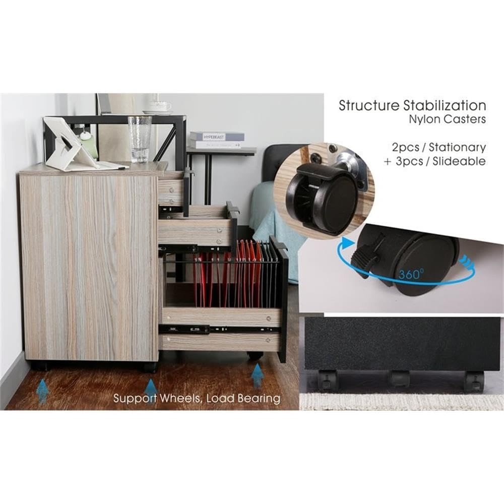 JJS 3 Drawer Rolling Wood File Cabinet with Locking Wheels Home Office