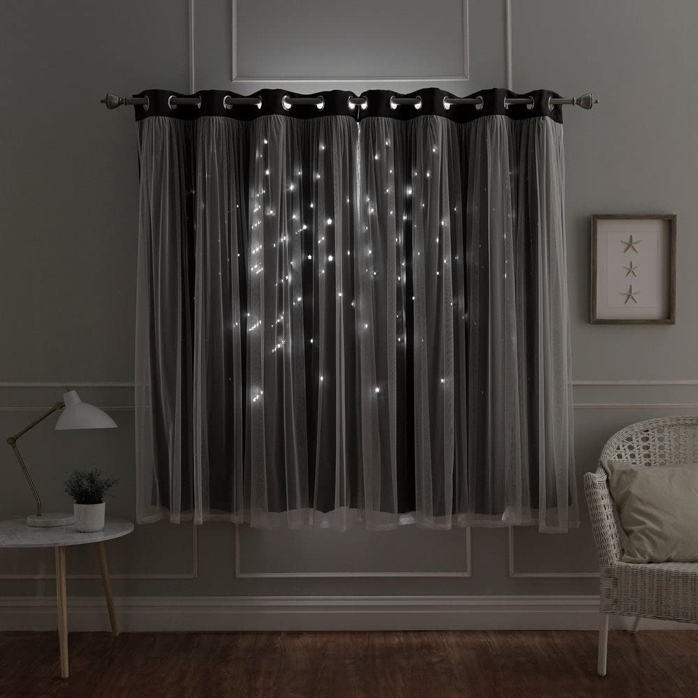 Aurora Home Star Punch Tulle Overlay Blackout Curtain Panel Pair Dark
