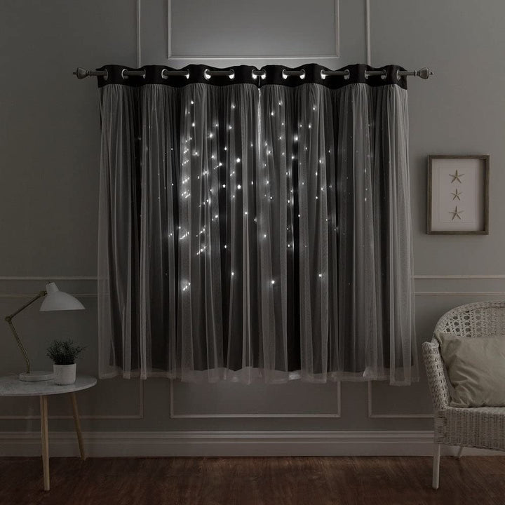 Aurora Home Star Punch Tulle Overlay Blackout Curtain Panel Pair Dark