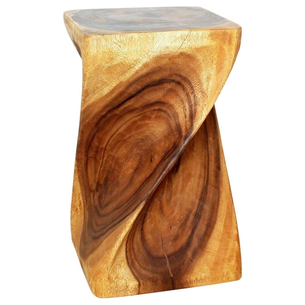 Big Twist Wood Stool Table 12 in Sq X 20 H Oak Oil Brown Gold Modern - Diamond Home USA