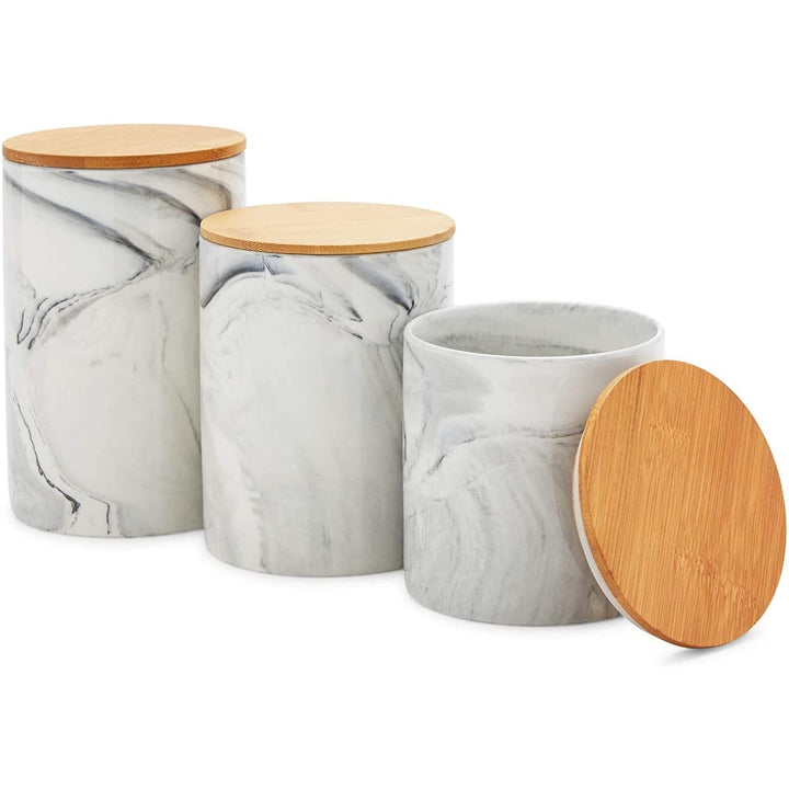 Small Marble Kitchen Canisters with Bamboo Lids White Ceramic (3 Sizes 3 Pack)