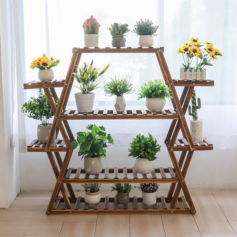 Wood Large Garden Plant Stand Indoor Outdoor Ladder Planter Rack Shelves Brown - Diamond Home USA