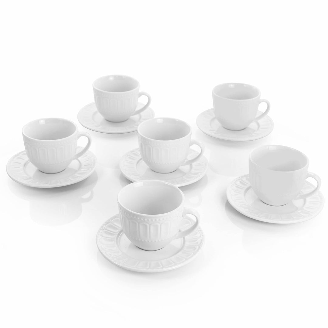 Tea Cup and Saucer 6 Piece Set in Daisy White Textured Round Porcelain - Diamond Home USA