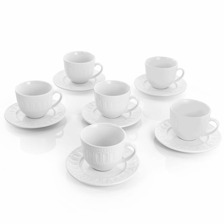 Tea Cup and Saucer 6 Piece Set in Daisy White Textured Round Porcelain - Diamond Home USA