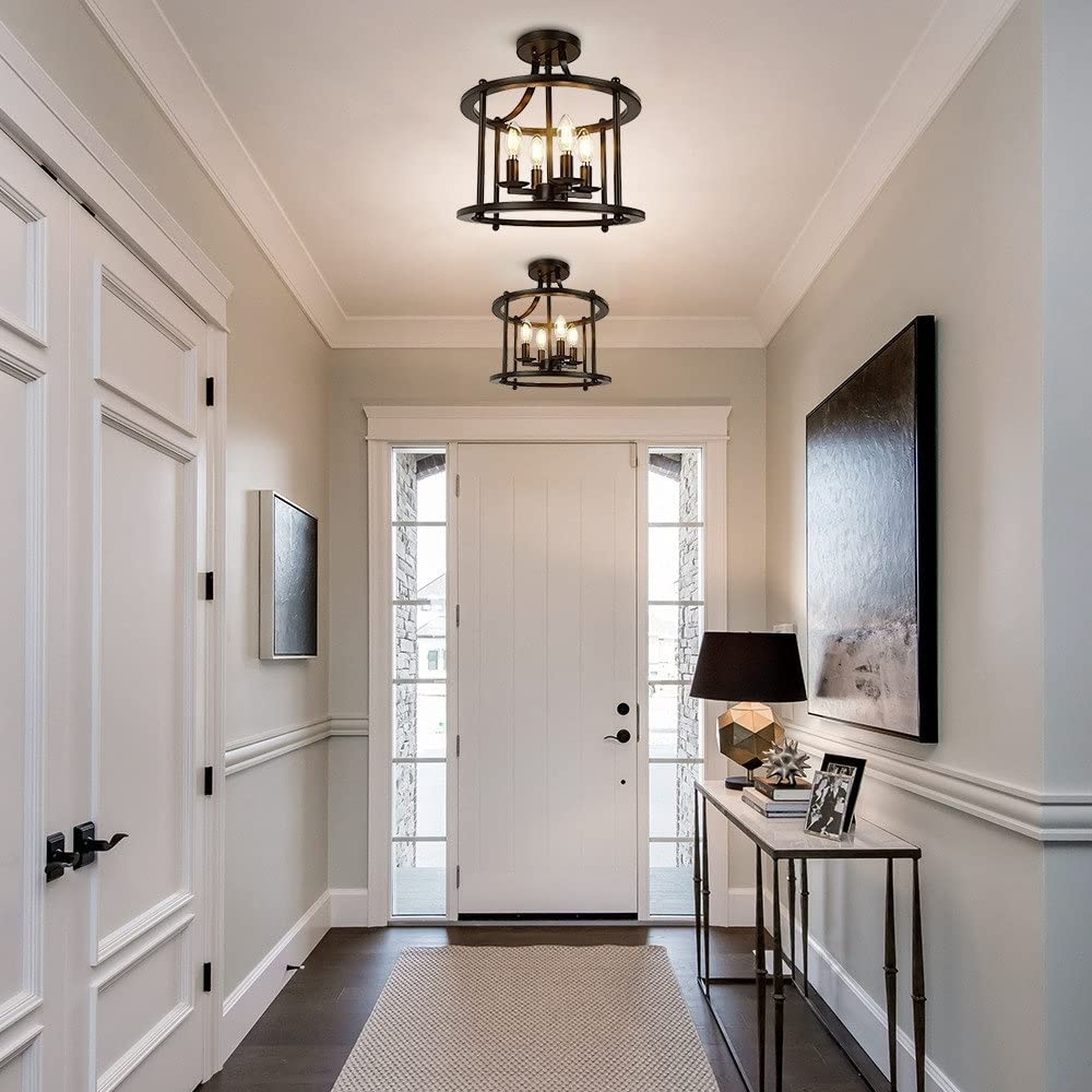 4-Light Lantern Semi Flush Mount Black Farmhouse Industrial Transitional Metal - Diamond Home USA