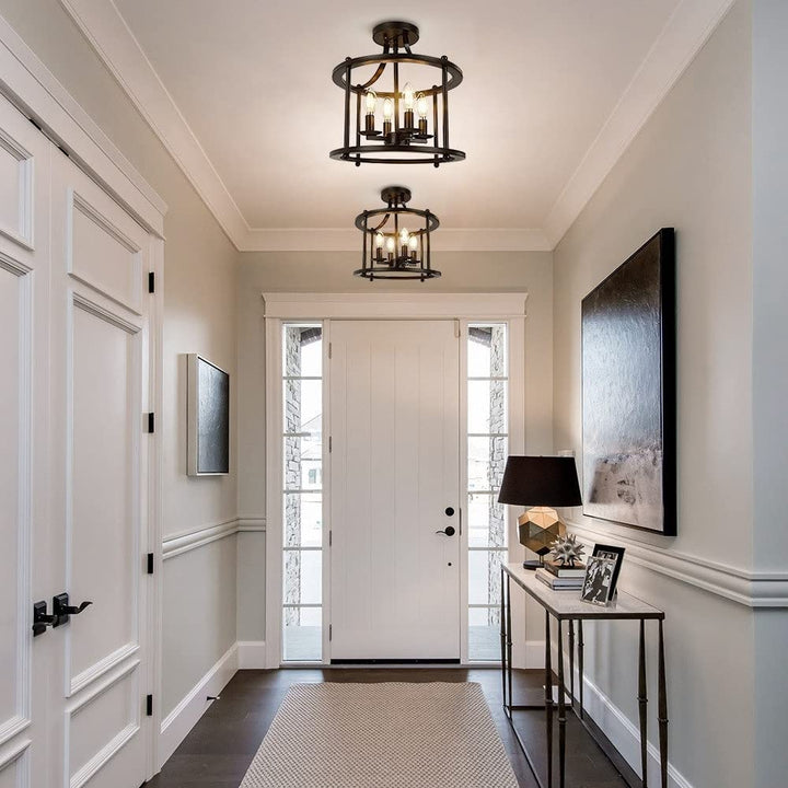 4-Light Lantern Semi Flush Mount Black Farmhouse Industrial Transitional Metal - Diamond Home USA