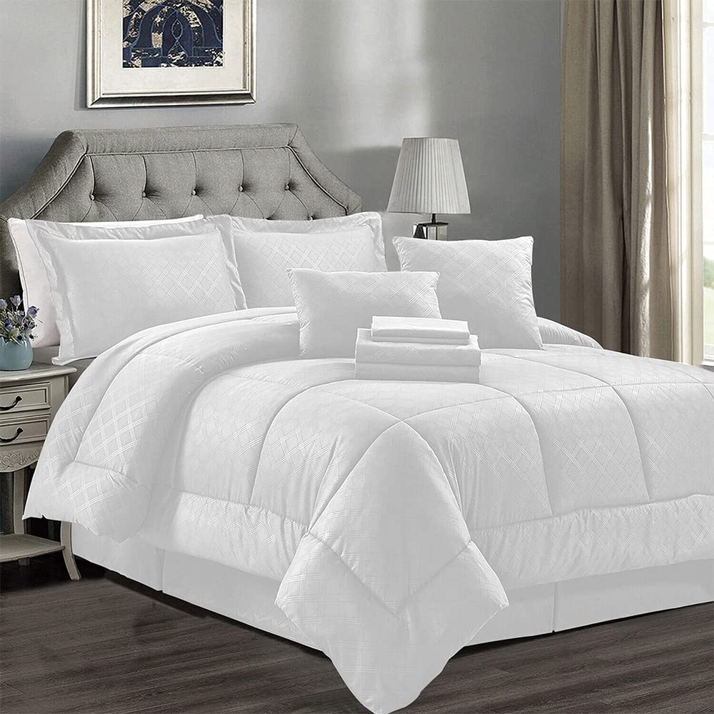10 Piece Plaid Set Bed Bedding Comforter California King White Solid Color