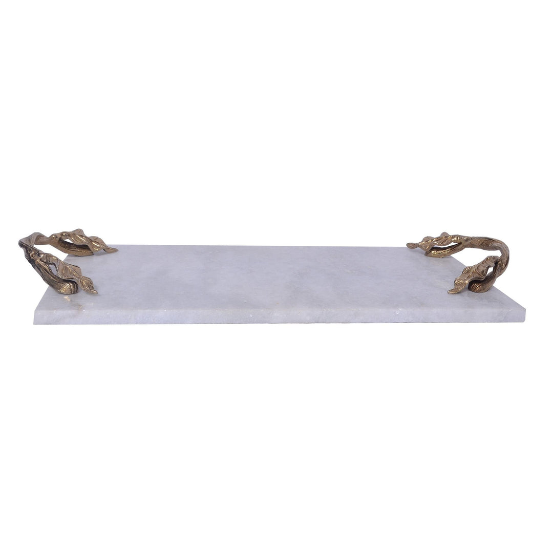Tray with Marble Frame and Carved Metal Handles White Gold Modern Contemporary