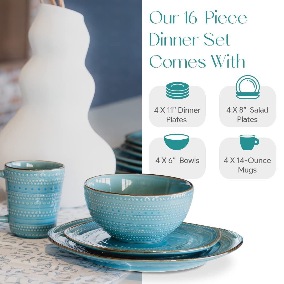 American Atelier 16-Piece Teal Stoneware Dinnerware Set - Includes Dinner Plates - Diamond Home USA