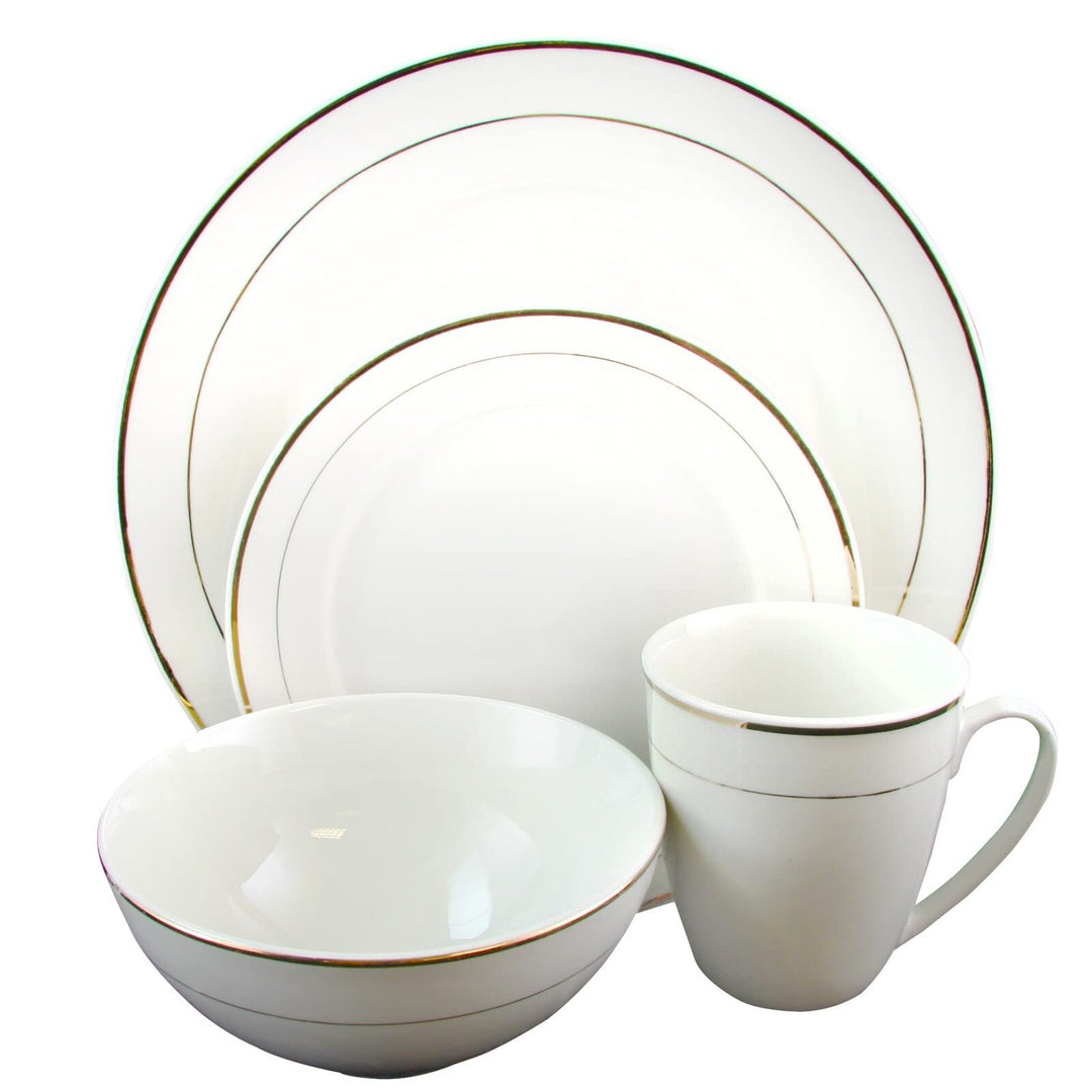 Dinnerware Double Gold Ring Set 16 Pieces White Solid Casual Round Ceramic Piece