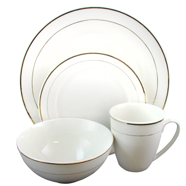 Dinnerware Double Gold Ring Set 16 Pieces White Solid Casual Round Ceramic Piece
