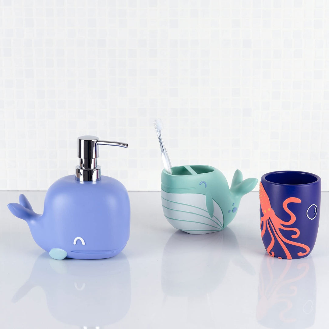 Whales 3pc Set Lotion Pump/Toothbrush Holder/Tumbler Bath Accessory Set Green - Diamond Home USA