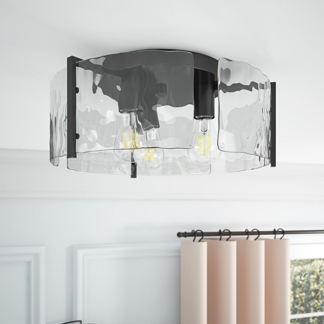 Modern Black Metal Ceiling Light Flush Mount Fixture with Curved Water Glass