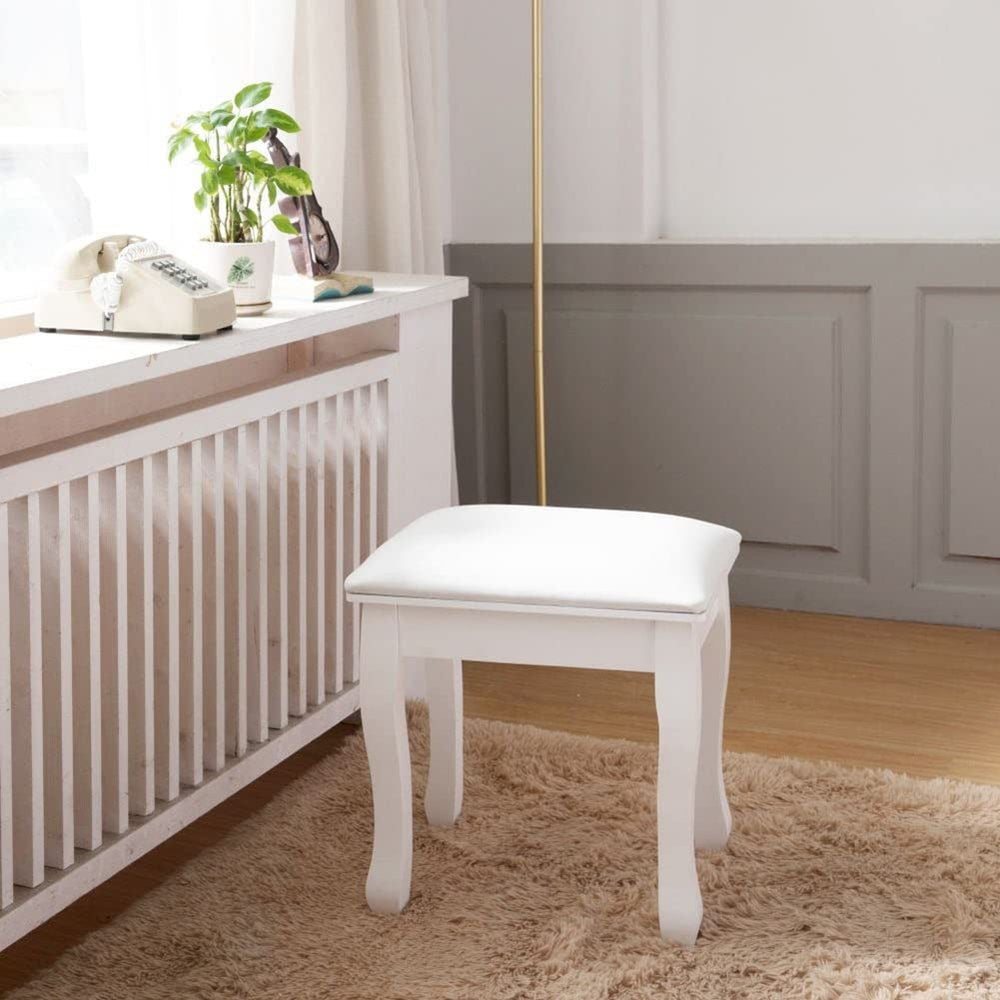 Wooden Vanity Stool Comfortable Seat Ottoman White Solid Color Modern - Diamond Home USA