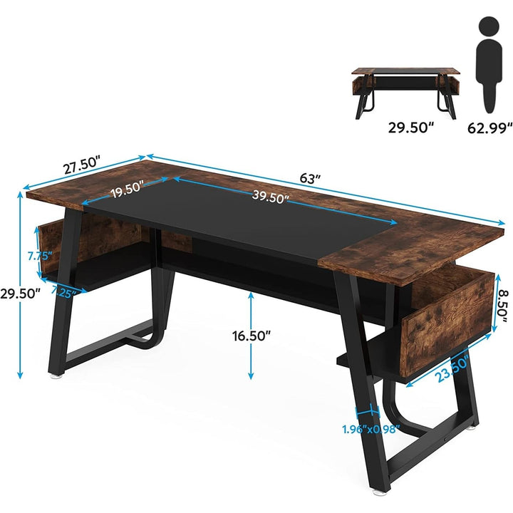 63 Inch Large Executive Desk Computer with Storage Shelf Brown Vintage - Diamond Home USA