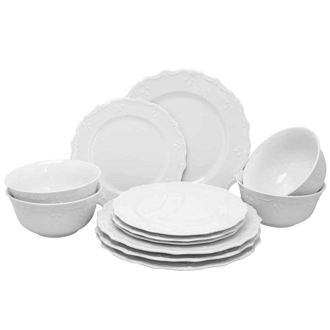 Fine Ceramic Embossed Pc Dinnerware Set In White Solid Casual Round Stoneware 12