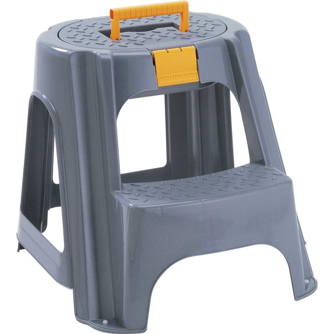 2-Step Plastic Step Stool with Top Organizer Compartment in Grey