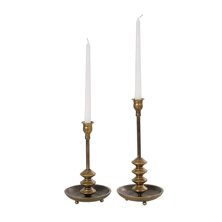 Brass Metal Antique Style Candle Holder with Round Plate (Set of 2) Iron
