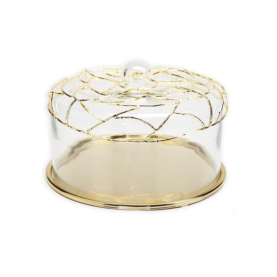 11.25" d Dome Cake Plate With Gold Mesh Design Floral Classic Round Glass 1