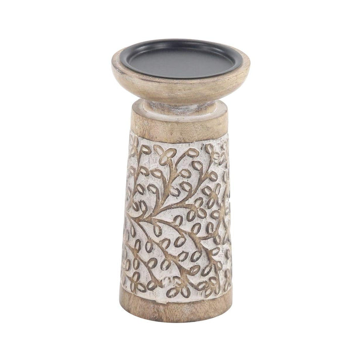 3-Piece Rustic Mango Wood Flourish-Patterned Candle Holder Set Brown Bohemian - Diamond Home USA