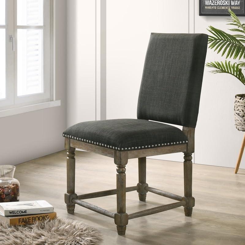 Set of 2 Gray Fabric Dining Chair with Nailhead Trim Grey Farmhouse