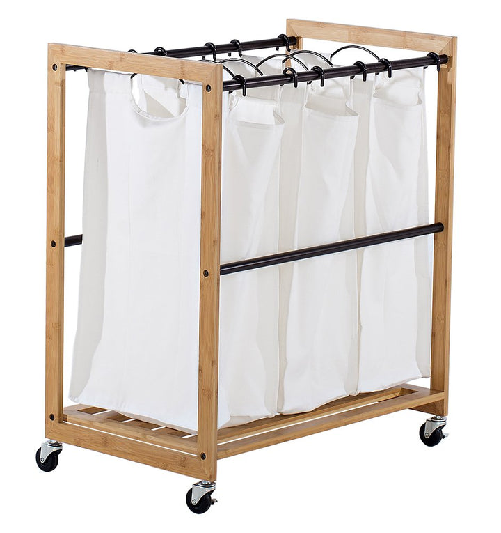 TRINITY 3-Bag Bamboo Laundry Cart Laundry-Room Organization and Dirty Clothes