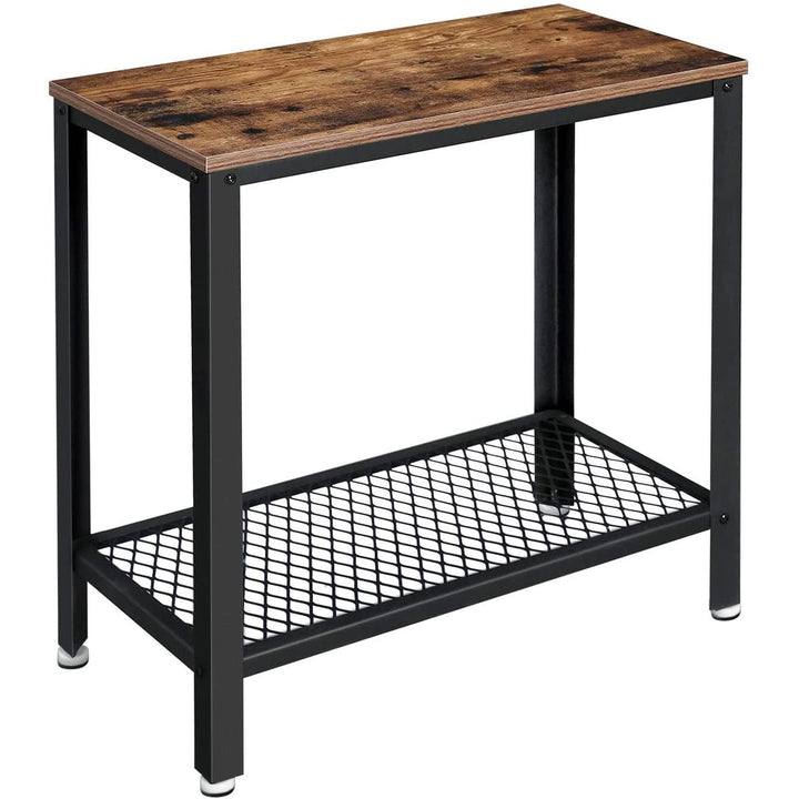 Industrial Side Table 2-Tier Nightstand with Mesh Shelf End Wood Look Accent