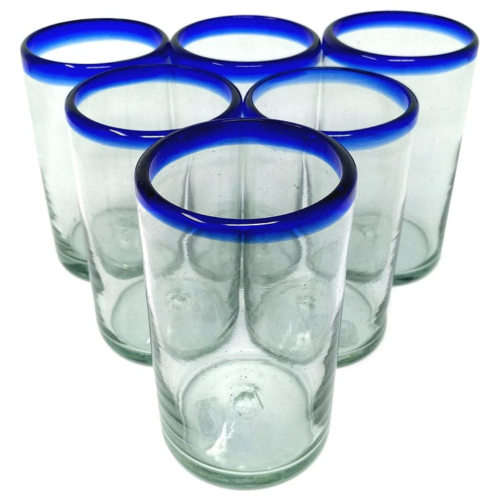 Hand Blown Mexican Drinking Glasses Set Of 6 With Cobalt Blue Rims (14 Oz