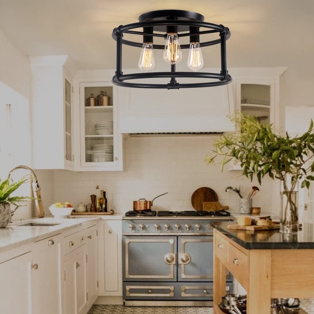 Country Rustic 3 Lights Semi Flush Mount Light with Metal Black Farmhouse - Diamond Home USA