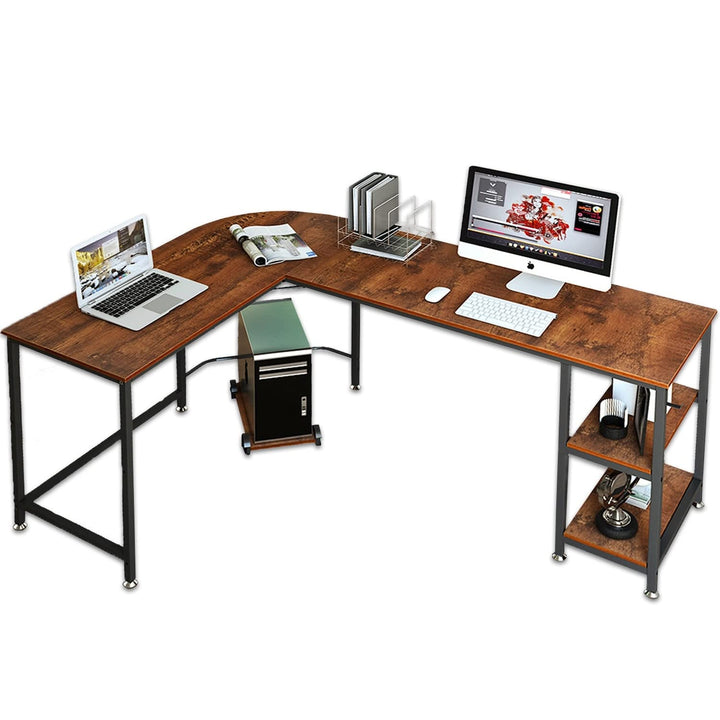 66 in. W Brown Modern Design Shaped Corner Computer Desk Black Contemporary