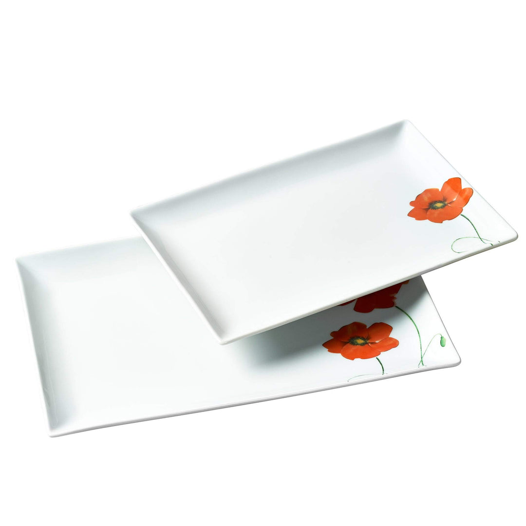2pc Poppy Rectangular Porcelain Serving Tray Set White Floral Modern