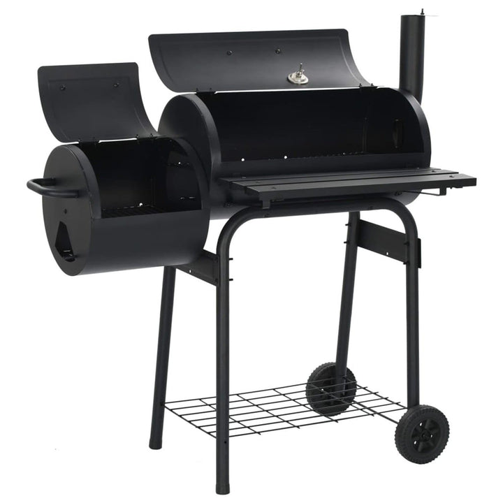 Heavy-Duty Charcoal BBQ Grill and Offset Smoker in Black Metal