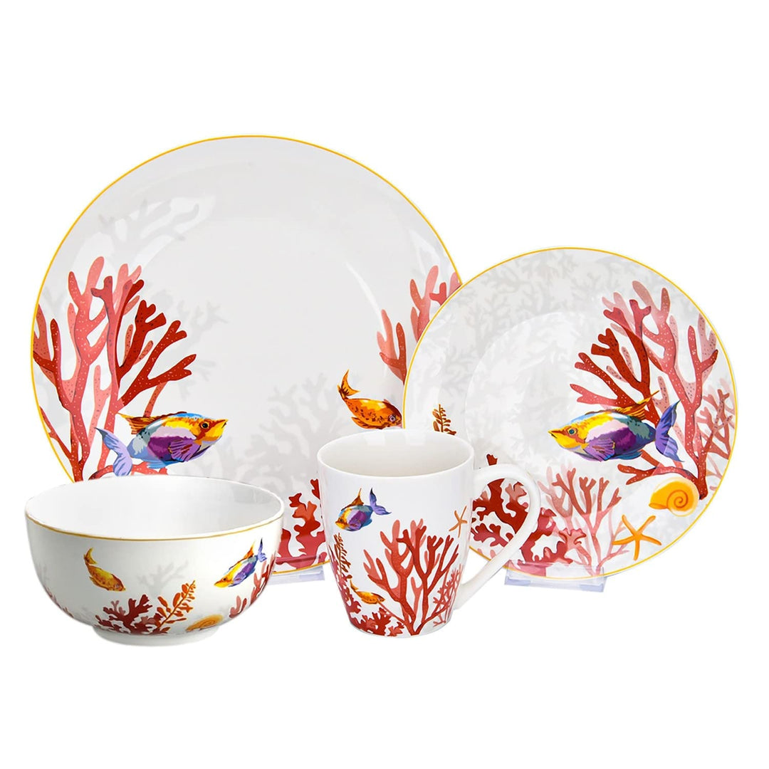 Coral Reef Bone China Dinnerware Set of 24 for 6 Multi Color Coastal Casual