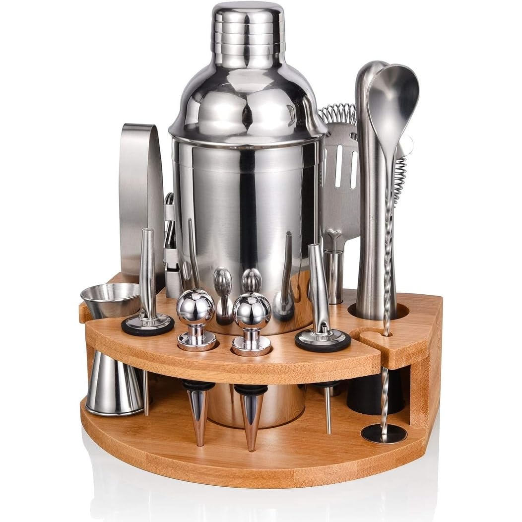 Bartender Kit with Stylish Bamboo Stand 12 Piece Cocktail Shaker Set Silver