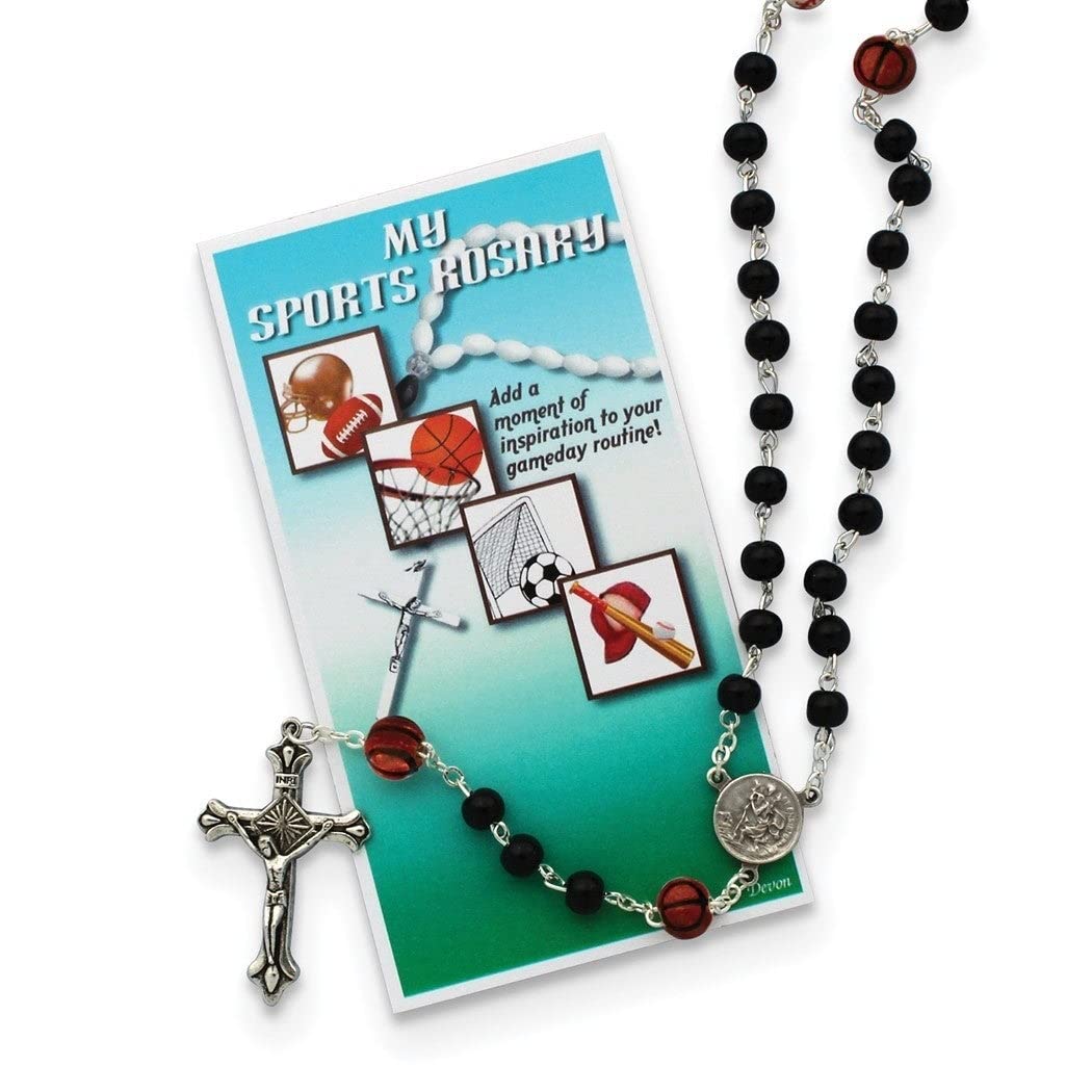 Boys Black Glass And Ceramic Basketball Beads Silver-tone Sports Rosary