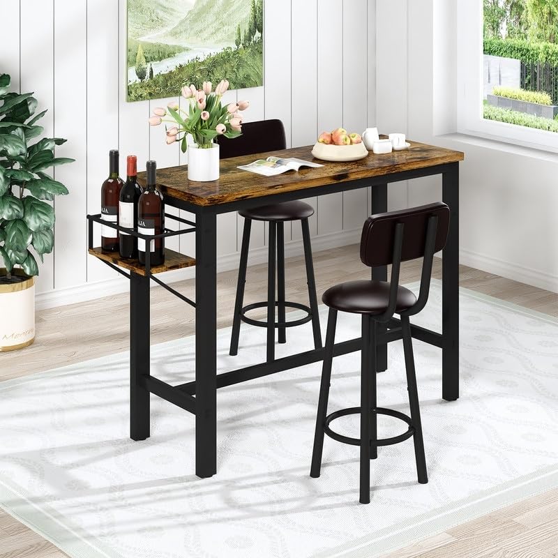3 Pieces Bar Table Set Pub with Pu Leather Stools and Wine Bottle Rack Counter - Diamond Home USA