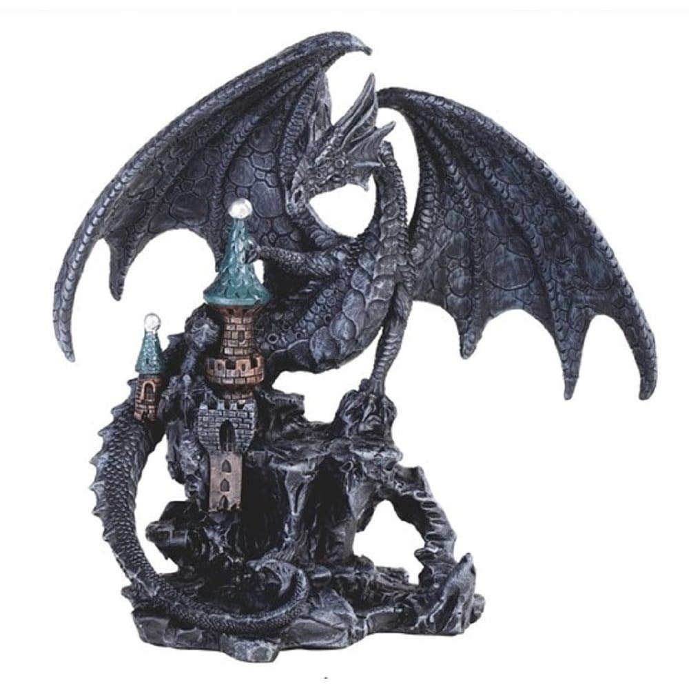 7.75" h Black Dragon On Castle Statue Fantasy Decoration Figurine Polyresin