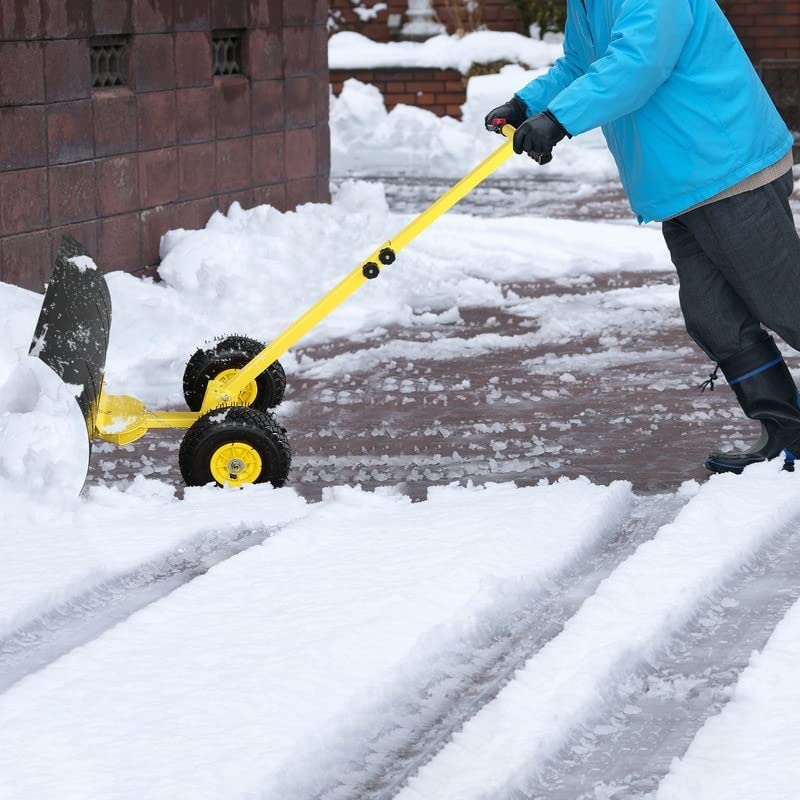 Heavy-Duty Rolling Snow Pusher with Wheels and Adjustable Handle Black Yellow - Diamond Home USA