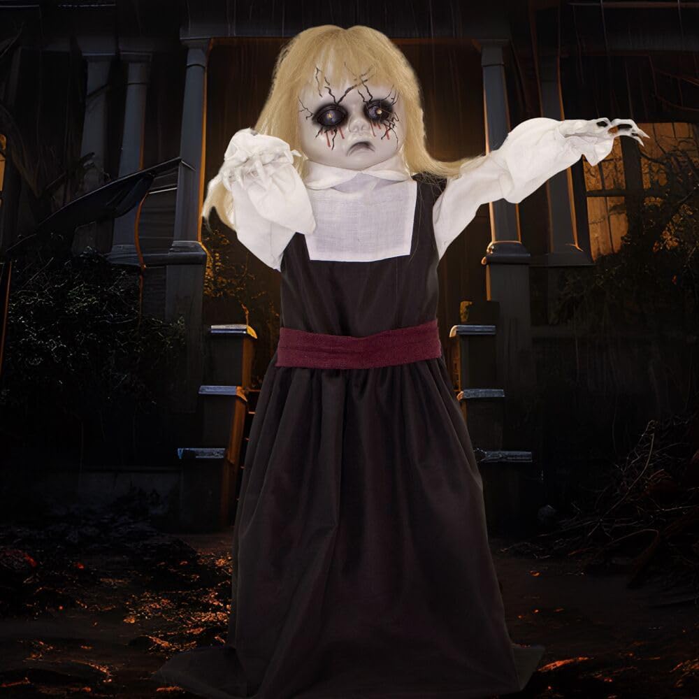 Haunted Hill Farm Scary Haunted Doll Prop with Touch Activated Lights and - Diamond Home USA