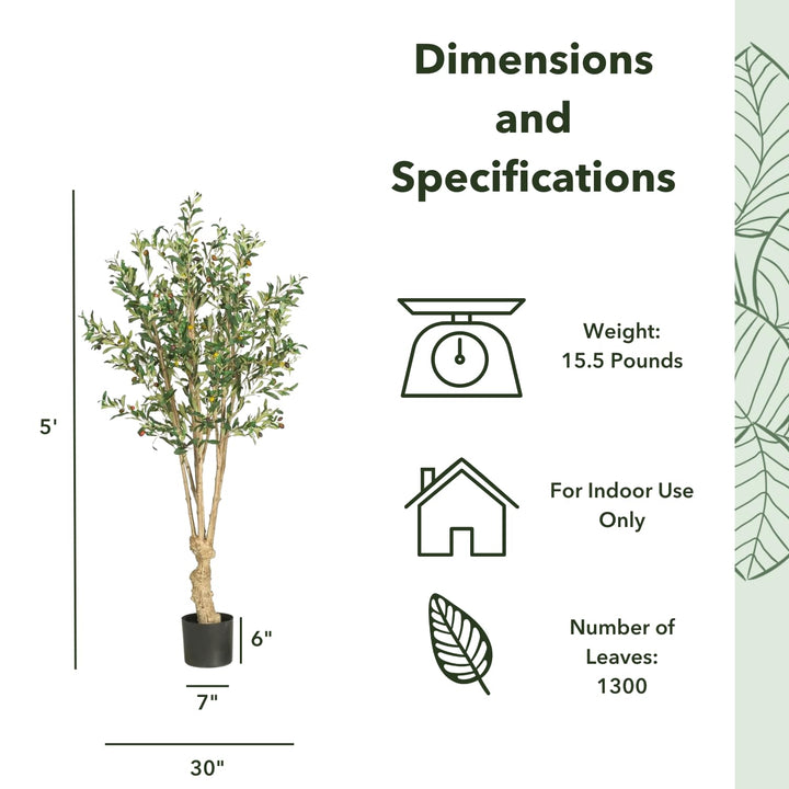 Nearly Natural 5258 Olive Silk Tree 5-Feet Green 30 x 30 x 55 inches - Diamond Home USA