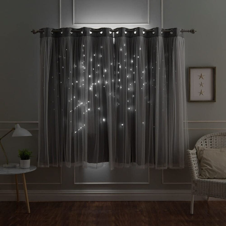 Aurora Home Star Punch Tulle Overlay Blackout Curtain Panel Pair Dark