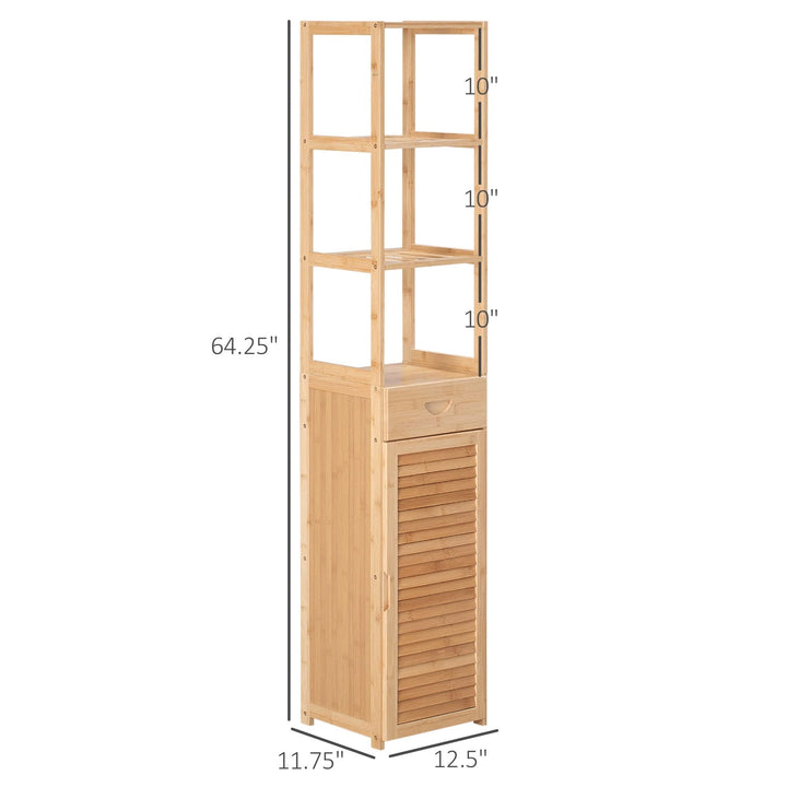 Tall Bathroom Cabinet with Drawer and Slatted Shelves Slim Bamboo Linen Tower - Diamond Home USA