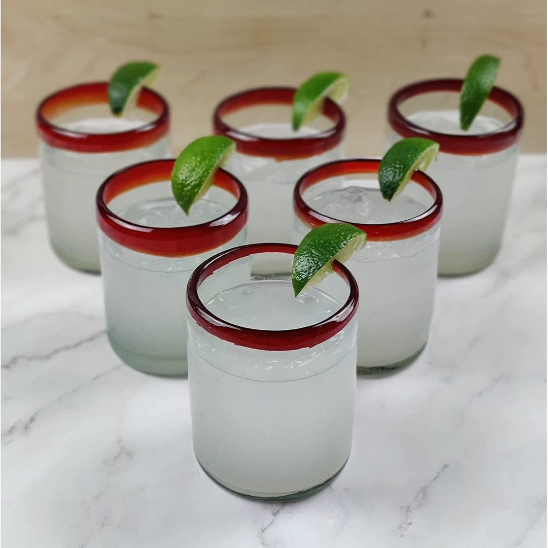 Hand Blown Mexican Drinking Glasses Set Of 6 Red Rim Tumbler (10 Oz Each) Glass - Diamond Home USA