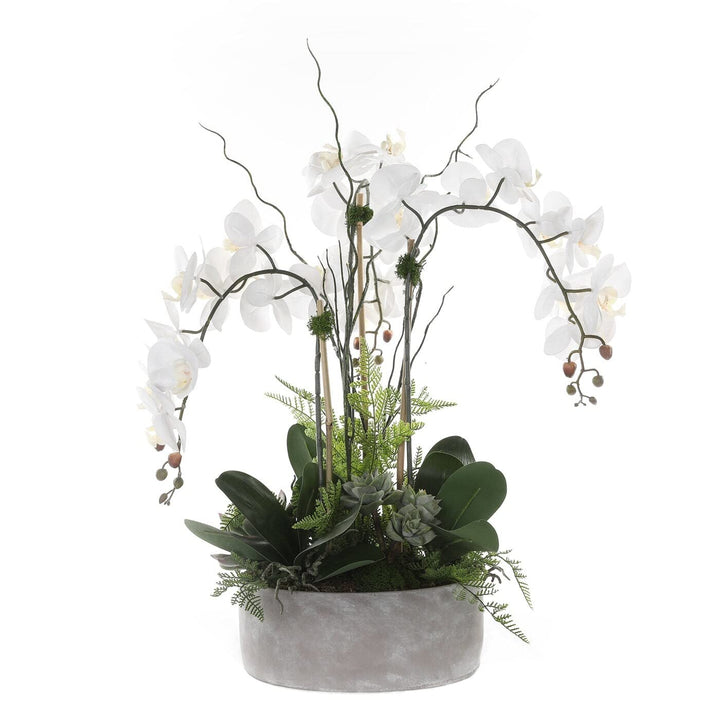 Real Touch Orchid Flower Arrangement in Stone Cement Pot White Handmade - Diamond Home USA