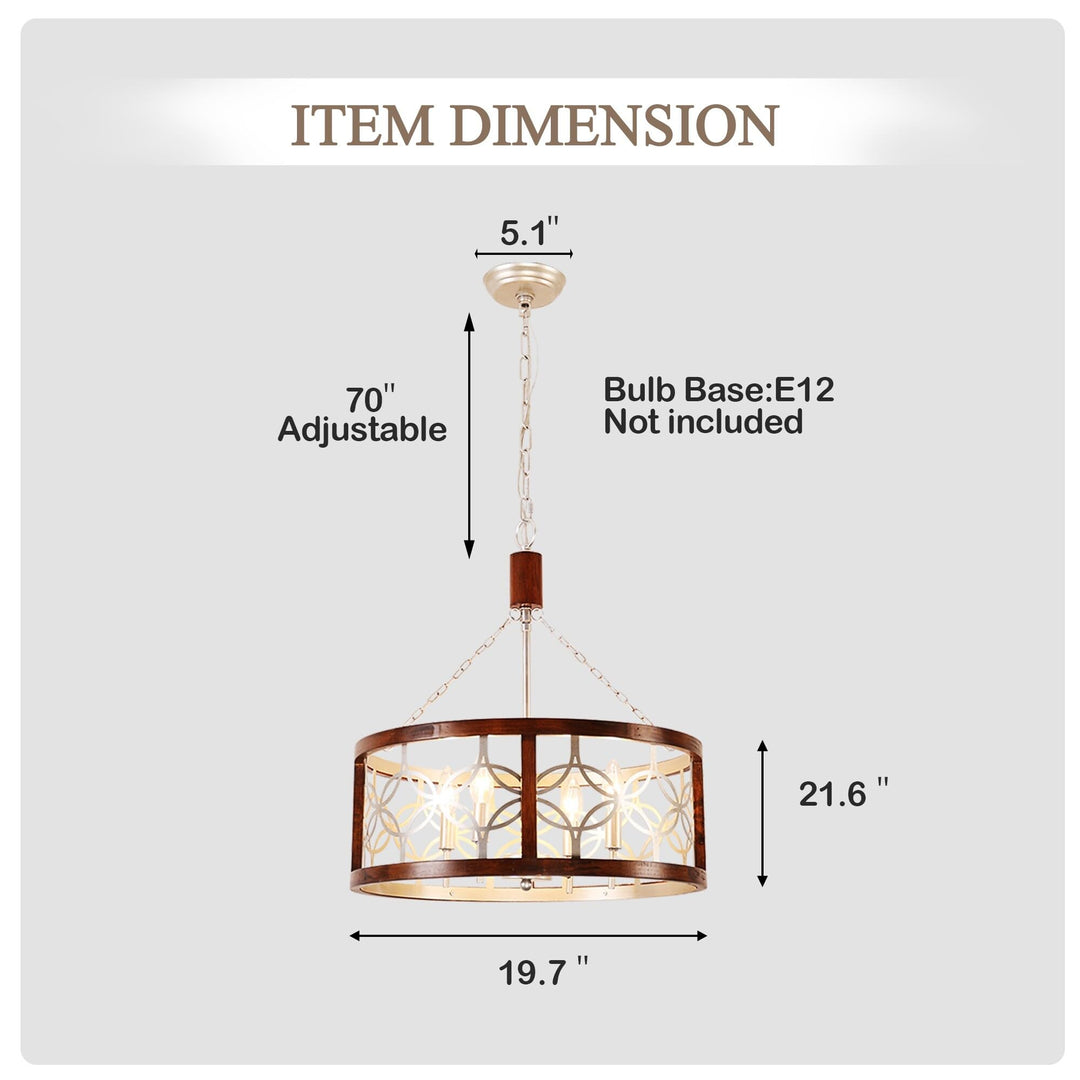 Cusp Barn 4-Light Rustic Wood Chandelier Shabby Hanging Lamp Farmhouse Drum Chrome - Diamond Home USA