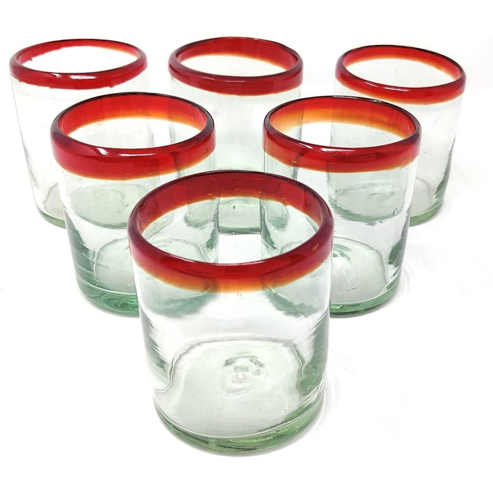 Hand Blown Mexican Drinking Glasses Set Of 6 Red Rim Tumbler (10 Oz Each) Glass