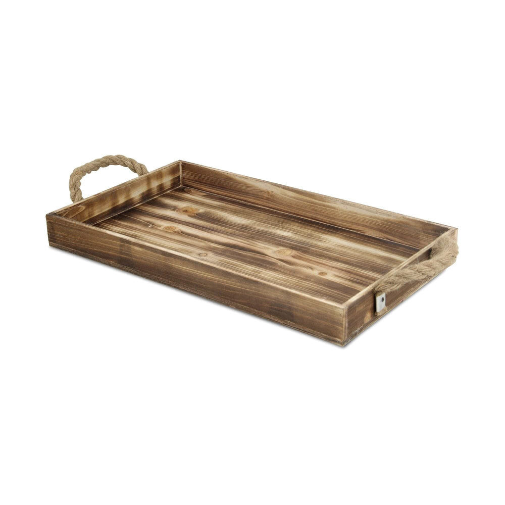 Brown Wood Rectangular Tray with Rope Side Handles White Farmhouse Finish - Diamond Home USA