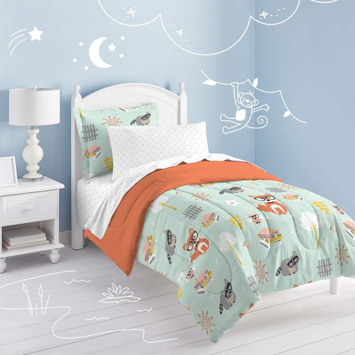 5 Piece Kids Unisex Mint Orange Woodland Comforter Twin Set Green Safari - Diamond Home USA